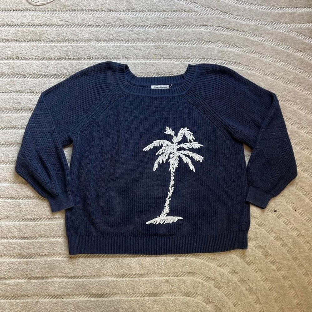Tommy Bahamas Navy blue Palm Tree sweater sizeXL Preppy Coastal Fisherman Retro